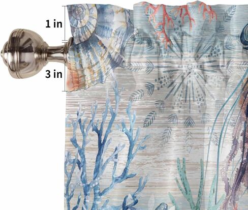 Coastal Sea Turtle Tie Up Valance Curtains for Windows, Nautical Summer Beach Kitchen Curtains Window Treatments, Sea Starfish Coral Vintage Short Shades Valances for Bedroom Bathroom 54"x18" in Saudi Arabia