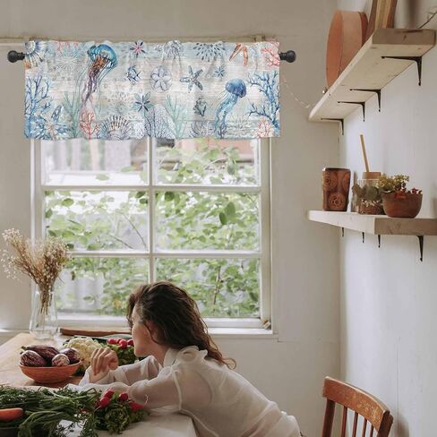 Coastal Sea Turtle Tie Up Valance Curtains for Windows, Nautical Summer Beach Kitchen Curtains Window Treatments, Sea Starfish Coral Vintage Short Shades Valances for Bedroom Bathroom 54"x18" in Saudi Arabia
