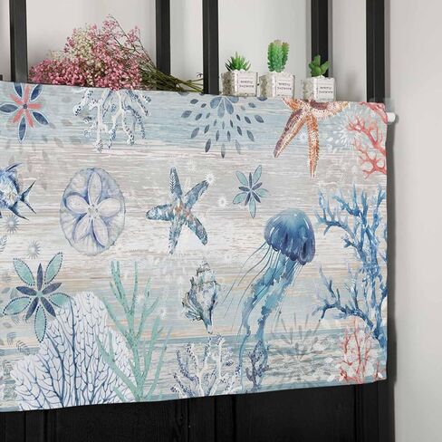 Coastal Sea Turtle Tie Up Valance Curtains for Windows, Nautical Summer Beach Kitchen Curtains Window Treatments, Sea Starfish Coral Vintage Short Shades Valances for Bedroom Bathroom 54"x18" in Saudi Arabia