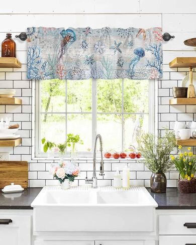 Coastal Sea Turtle Tie Up Valance Curtains for Windows, Nautical Summer Beach Kitchen Curtains Window Treatments, Sea Starfish Coral Vintage Short Shades Valances for Bedroom Bathroom 54"x18" in Saudi Arabia
