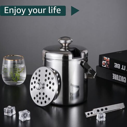 دلو ثلج - دلو ثلج بجدار مزدوج سعة 1.3 لتر مع غطاء، دلو ثلج من الفولاذ المقاوم للصدأ معزول بملقط ومصفاة، مبرد صغير لحفلات المنزل المبردة في بار الويسكي، يحافظ على التبريد لمدة 8 ساعات in Kuwait