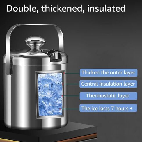 دلو ثلج - دلو ثلج بجدار مزدوج سعة 1.3 لتر مع غطاء، دلو ثلج من الفولاذ المقاوم للصدأ معزول بملقط ومصفاة، مبرد صغير لحفلات المنزل المبردة في بار الويسكي، يحافظ على التبريد لمدة 8 ساعات in Kuwait