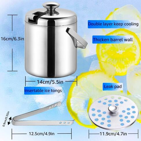 دلو ثلج - دلو ثلج بجدار مزدوج سعة 1.3 لتر مع غطاء، دلو ثلج من الفولاذ المقاوم للصدأ معزول بملقط ومصفاة، مبرد صغير لحفلات المنزل المبردة في بار الويسكي، يحافظ على التبريد لمدة 8 ساعات in Kuwait