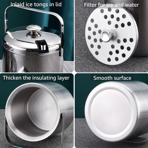 دلو ثلج - دلو ثلج بجدار مزدوج سعة 1.3 لتر مع غطاء، دلو ثلج من الفولاذ المقاوم للصدأ معزول بملقط ومصفاة، مبرد صغير لحفلات المنزل المبردة في بار الويسكي، يحافظ على التبريد لمدة 8 ساعات in Kuwait