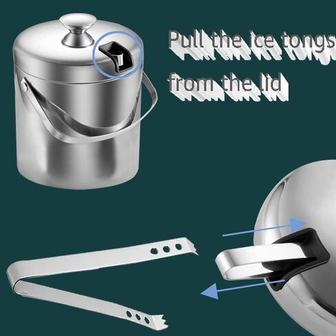 دلو ثلج - دلو ثلج بجدار مزدوج سعة 1.3 لتر مع غطاء، دلو ثلج من الفولاذ المقاوم للصدأ معزول بملقط ومصفاة، مبرد صغير لحفلات المنزل المبردة في بار الويسكي، يحافظ على التبريد لمدة 8 ساعات in Kuwait