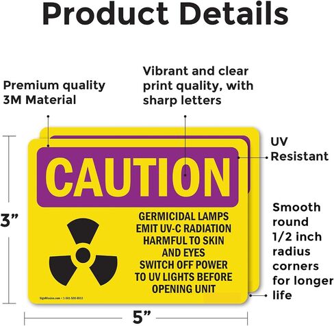 (عبوتان) مصابيح مبيدة للجراثيم تنبعث منها إشعاعات UV-C مع علامة تحذير من الإشعاع OSHA مقاس 5 بوصة × 3.5 بوصة ملصق فينيل مقاوم للطقس، محمي من الأشعة فوق البنفسجية لمكان العمل، صنع في الولايات المتحدة الأمريكية in Saudi Arabia