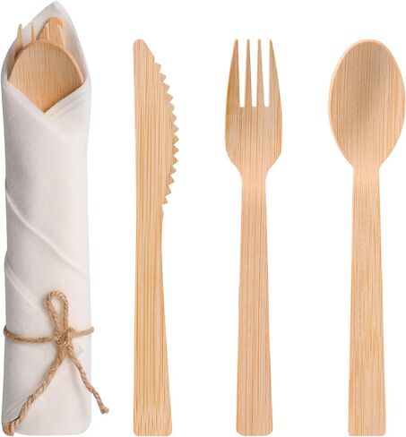 Pre Rolled Napkin and Bamboo Cutlery Set - 50Pack Bamboo Utensils/Compostable Cutlery(50 Forks, 50 Knives, 50 Spoons, 50 Napkins), Biodegradable Wrapped Cutlery for Party, Banquet, Wedding in Kuwait