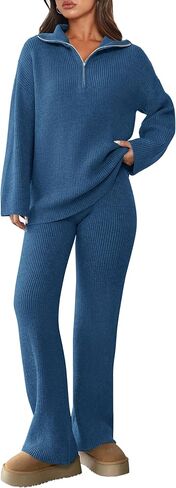 PRETTYGARDEN Women's 2 Piece Sweater Set Pullover Quarter Zip Sweatshirt Wide Leg Pants Outfit Knit Loungewear in Saudi Arabia