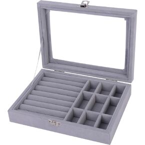 Jewelry Rings Box for Women Girls, Jewelry Display Storage Holder Case with Glass Lid for Rings Earrings Necklace Bracelets Watches (Grey)