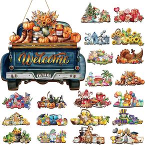 Interchangeable Seasonal Welcome Sign Front Door Decoration Wood Truck Wreaths Farmhouse Wall Hanging Outdoor Porch, for Fall Halloween Autumn Thanksgiving All Seasons Holiday