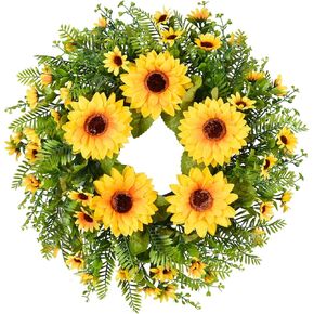 إكليل عباد الشمس الاصطناعي من Lvydec - إكليل زهور مزخرف مقاس 15 بوصة مع عباد الشمس الأصفر والأوراق الخضراء لديكور الجدار الداخلي للباب الأمامي in Kuwait