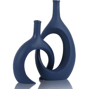 Blue Ceramic Vase Set of 2- Modern Navy Blue Vase Dining Table for Centerpieces, Farmhouse and Blue Home Decor Flowers Vases Suitable for Blue Office Partitions Mantelpiece Entrance Decoration