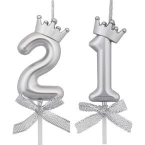 21 Birthday Candles, 21st Cake Candles, Silver Happy Birthday Number 21 Candles Cake Topper Decorations for Party Men Women