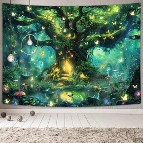 Fantasy Forest Tapestry, Green Fairy Magical Tree Life Tree Waterfall Mushroom Butterfly Nature Aesthetic Tapestry Wall Hanging, Enchanted Plant Botanical Tapestry For Bedroom Living Room 60X40