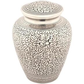 Leaves of Silver Cremation Urn for Ashes, Brass, Silver Urn, Adult Sized Cremation Urn, 9.25 Inches High