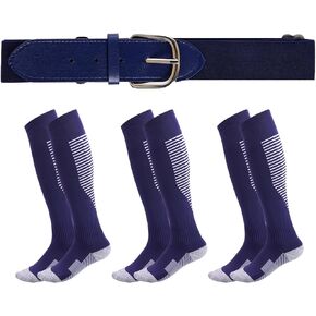 Youth Baseball Socks and Belt Combo 3 Pack Softball Baseball Socks and 1 Elastic Waist Belt for Boys Girls