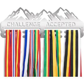 PH PandaHall Challenge Accepted Medal Holder, Mountain Medal Display 2 Lines Stainless Steel Color Wall Mount Hanger Decor with Screw for Over 50 Medals Necklace Jewelry 15.75 Inch/40cm