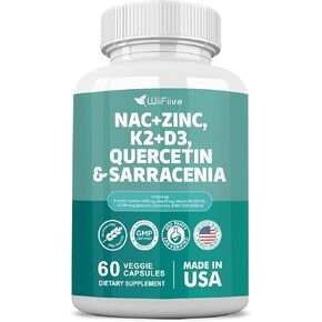 NAC Supplement N-Acetyl Cysteine NAC 1000mg Zinc Blend 50mg k2 100mcg Vitamin D3 5000 IU N-Acetyl Cysteine 1000mg Quercetin 1000mg Sarracenia Purpurea 1000mg L-Lysine Supplement, 60 Count