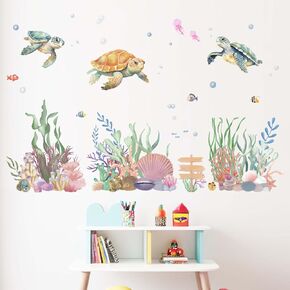 Ocean Sea Turtle Wall Decals - Under The Sea Marine Theme Seaweed Grass Wall Stickers - Baby Nursery Kids Bedroom Daycare Bathroom Wall Decor