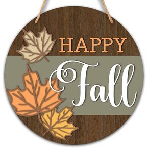 Welcome Sign for Front Door, Happy Autumn Door Sign Decor, 10" Fall Round Wood Sign Hanging for Outdoor Farmhouse Garden Porch Home - A06