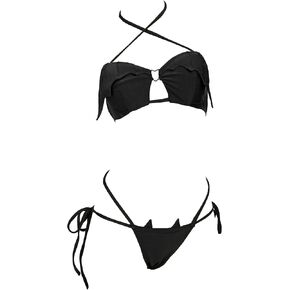 MEOWCOS Gothic Bat Style Black Two-Piece Swimsuit Halter Top and Low Waist Triangle Bottom Bathing Suit