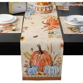 Fall Leaves Pumpkin 90inch Table Runner with Placemats Set, Thanksgiving Farmhouse Washable Non-Slip Cotton Linen Table Runners and Heat Resistant Matching Table Mat Set for Dining Table/Kitchen