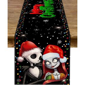 Sunwer Merry Christmas Table Runner The Nightmare Before Christmas Jack Skellington and Sally Birthday Party Decoration Home Kitchen Dining Room Deocr (Black, 13" x 72")