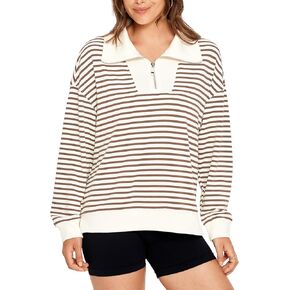 Glamaker Womens Striped Quarter Zip Sweatshirt Casual Long Sleeve Lapel Pullover Tops Fall Outfit Trendy Fashion Clothes