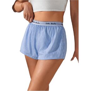 OYOANGLE Women's Striped Letter Print Shorts Elastic High Waist Wide Leg Casual Boxer Shorts