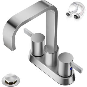 Phiestina Matte Black 4 Inch 2 Handles Centerset Bathroom Sink Faucet,2 or 3 Holes Waterfall Bathroom Faucet with 360 Swivel Spout,Metal Pop-Up Drain and Water Supply Lines, BF040B-1-MB