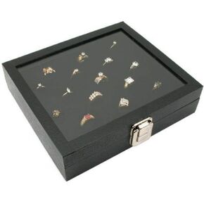 Novel Box Half-Size Glass Top Black Jewelry Display Case + Black 36 Slot Ring/Cufflink Display Insert + Custom NB Pouch