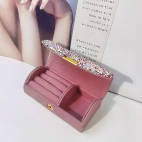 Ankysasku Bling Crystal Rhinestone Jewelry Case, Portable Travel Jewelry Oganizer Storage Case Cute Jewelry Organizer Box Mini Velvet Earring Jewelry Storage Holder for Women Girls (Pink)