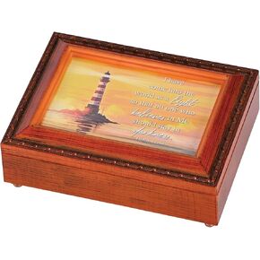 Dicksons Lighthouse at Sunset - John 12:46, Woodgrain Finish 8 x 6 Inch Polymer Trinket Jewelry Music Box