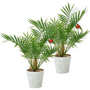 2pcs Artificial Plants Indoor 17" Palm Plant in Matte White Pot. Ladybugs Climbing onto Fake Potted Plants. Plants Decor for Office Living Room or Fall Home