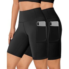 Womens Biker Shorts with Pockets 8" Inch High Waisted Compression Workout Stretchy Shorts for Summer Yoga Tummy Control Gym Running Athletic Soft Leggings Knee Length Bike Short Black Black