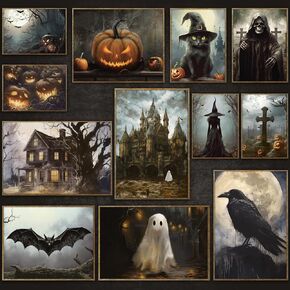 12Pcs Gothic Halloween Poster Set Retro Pumpkin Ghost Black Cat Wall Art Prints Halloween Skull Bat Wall Decoration Aesthetic Halloween Picture Prints Home Decor for Home Living Room Bedroom Unframed