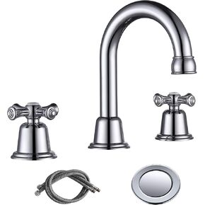 RKF Bathroom Faucets for Sink 3 Hole Matt Black 8 inch Widespread Bathroom Sink Faucet with Drain 2 Handles Cross Knobs Faucet Bathroom Vanity Faucet Basin Mixer Tap Faucet with Hose & Deck CWF039-MB