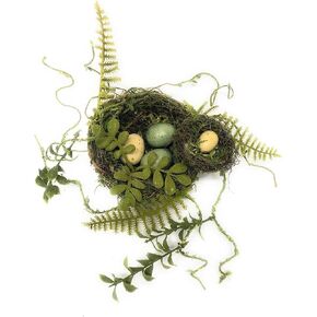 Artificial Moss Covered Twig Double Bird Nest with Fern and Vine Accents. Moss Green Color. with 4 Eggs, 2 Blue 2 Cream.
