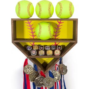 Softball Display Case - Wooden Softball Ball Display Case - Softball Wall Holder - Softball Display Holder for Medals - Ideal for Collection - Championship Ring Display Case - Homerun Display Case