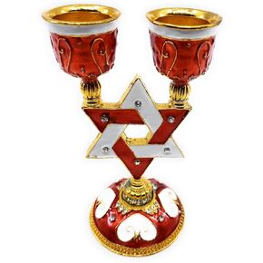 Star of David Candlesticks for Shabbat and Holidays Enamel on Pewter Hand Set with Genuine Austrian Crystals 5" (Blue)