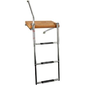 Amarine Made Boat Outboard Universal Teak Wooden Swim Platform Under Mount Fold Down 3 Step Stainless Steel Ladder with Single Handrail 250 lbs Capacity-with Screws