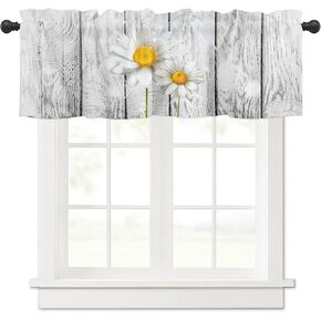 Close-up Broken Waterdrop Daisy Window Valance Curtains, Window Treatment for Kitchen, Bathroom, Bedroom, White Floral Wooden Stripes Grain Rod Pocket Short Curtain 1 Panel, 54x18 in