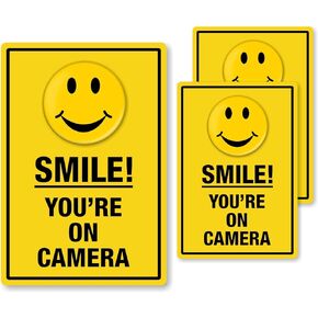 SmartSign "Smile You are On Camera Security" 2-Sided Window Label Set | One 3.75"x5.5" & Two 2.75"x4" Laminated Polyester Labels, Made in USA