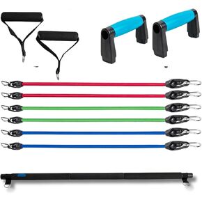 BlueClouds Push Up Board and Pilates Bar Kit - Color Coded Foldable Pushup Board Fitness Tool - Reinforced Aluminum Resistance Band Bar - At Home Gym Accessories for Men and Women - Portable Gym