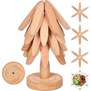 Wooden Trivets for Hot Dishes， Tree Shape Trivet Set,Trivets for Hot Dishes - 4 Wooden Trivet + 1 Stand（Beech Wood）