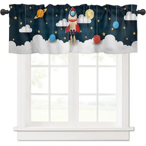 Curtain Valances for Windows, Space Theme Cute Rocket Planet Pattern Rod Pocket Valance Window Treatments Short Curtains for Kitchen Bathroom Living Room 54 x 18 Inches, 1 Panel