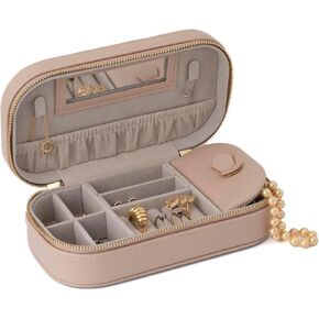 Pink Elegant Oval Jewelry Travel Case | Zip-Closure Jewelry Box with Mirror, Slots for Pendants, Bracelets, Rings & Earrings, Complimentary Dust Bag