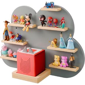 Cloud Tonie Shelf for Toniebox Storage - Unique Floating Magnetic Wall Shelf for 16-26 Tonie Figures,Grey Beech Wood Display Tonie Shelf for Children Kids, Nursery Room