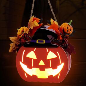 Thanksgiving Pumpkin Lantern 10" Fall Pumpkin Decor GIVE Thanks Pumpkin Wreath Sign with LED Light, Maple Leaves, Berries, for Halloween Harvest Home Wall Front Door Window Thanksgiving Day Decor