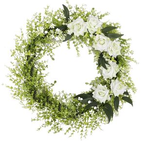18 Inch Spring and Summer Wreath Decorations for Family Home Farmhouse Porch Decorations with Pink Roses, White Florets and Purple Lavender Wreath for All Indoor Outdoor Home Wedding Party Outdoor